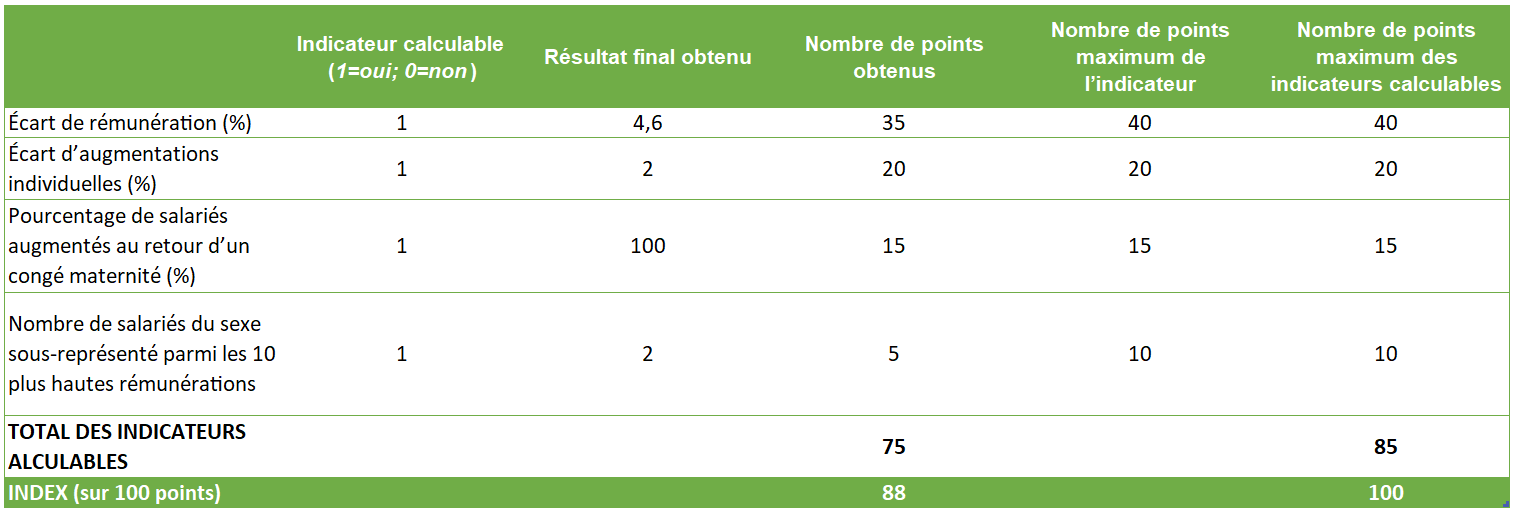 Tableau de l’Index de l’égalité professionnelle femmes-hommes. Quatre indicateurs sont calculables : écart de rémunération (4,6 % pour 35 points sur 40), écart d’augmentations individuelles (2 % pour 20 points sur 20), pourcentage de salariées augmentées au retour de congé maternité (100 % pour 15 points sur 15), et représentation équilibrée parmi les 10 plus hautes rémunérations (2 personnes pour 5 points sur 10). Total des points obtenus : 88 sur 100.