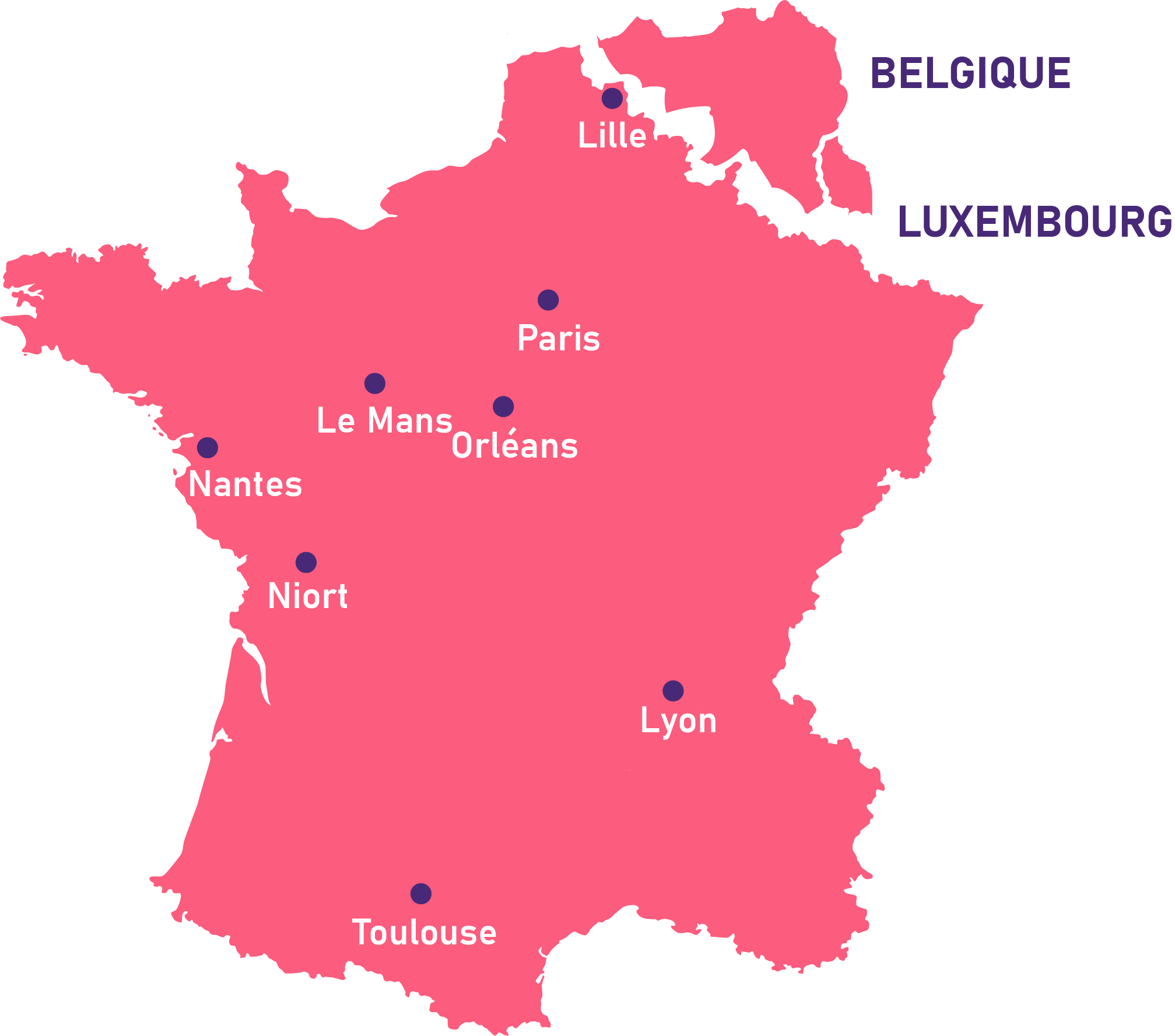 Image de notre présence territoriale : Nous sommes présents à Lille, en Île-de-France, à Orléans, au Mans, à Nantes, à Niort, à Lyon et à Toulouse. À l’international, nous sommes implantés en Belgique et au Luxembourg.